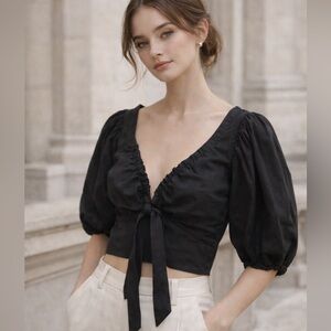 Abercrombie & Fitch Puff Sleeve Crop Top Plunge Neckline 100% cotton M Coquette